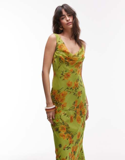 Topshop – Zielona dwuwarstwowa sukienka maxi z drapowanym dekoltem w kwiatowy wzór, 2 z 4