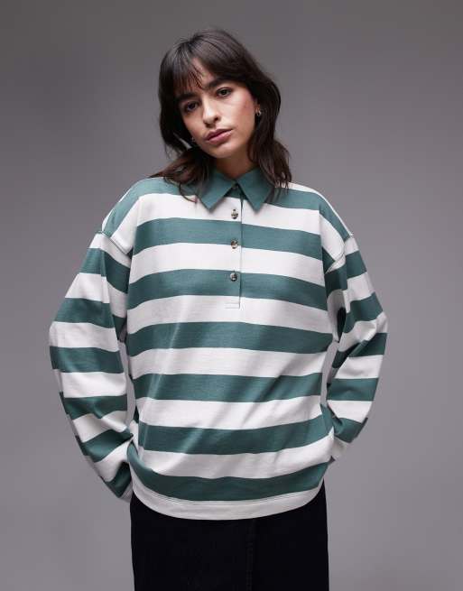 Topshop – Zielona koszulka polo z długimi rękawami w paski
