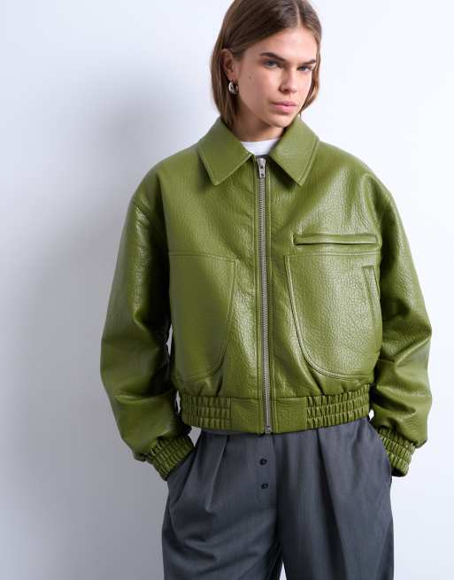 Topshop – Zielona kurtka bomberka o krótkim fasonie z imitacji fakturowanej skóry