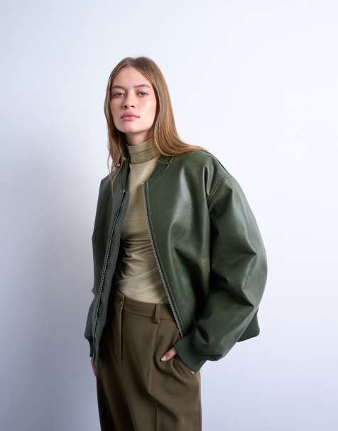 Topshop faux leather vintage wash oversized collarless bomber jacket in green