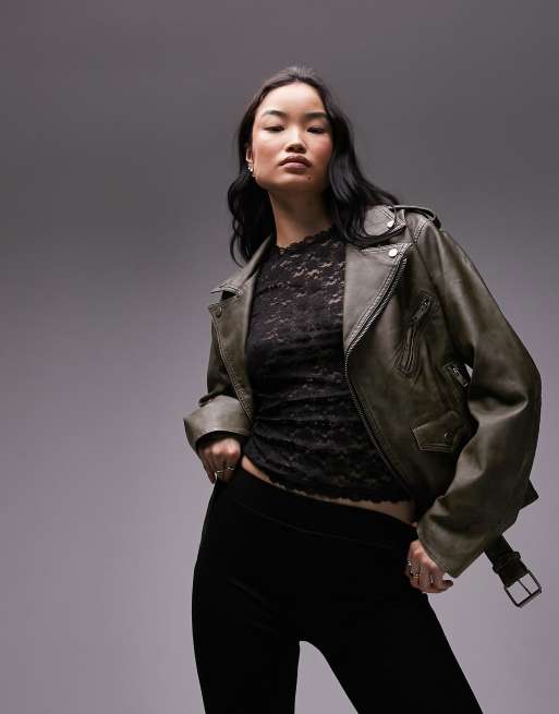 Topshop – Zielona kurtka typu biker z imitacji skóry