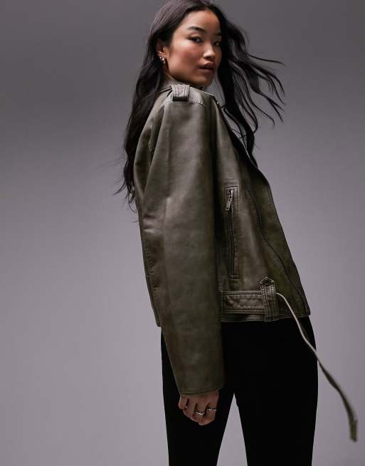 Topshop – Zielona kurtka typu biker z imitacji skóry, 3 z 4