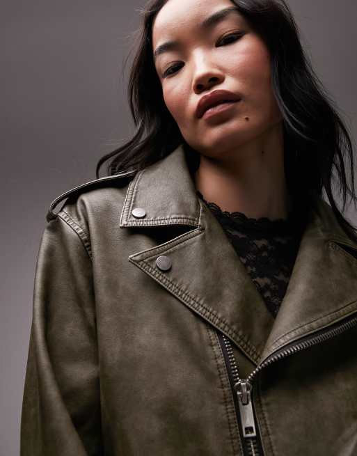 Topshop – Zielona kurtka typu biker z imitacji skóry, 4 z 4