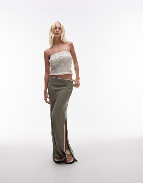 Topshop linen bias maxi skirt in green with contrast piping