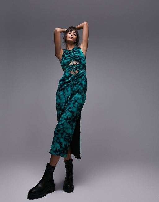 Topshop – Zielona marszczona sukienka maxi z siateczki z efektem tie-dye 