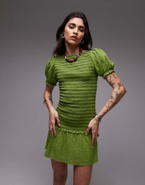Topshop – Zielona marszczona sukienka mini z kontrastowym szwem - view 1