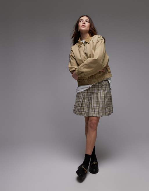 Topshop – Zielona, plisowana spódnica mini o pudełkowym kroju, w kratę