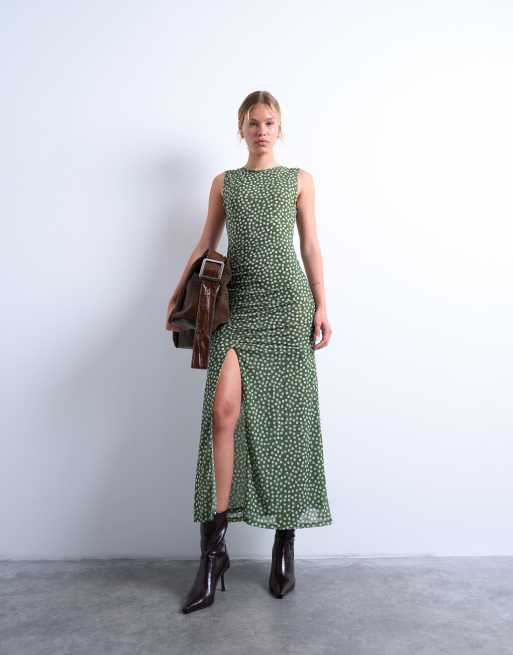 Topshop – Zielona sukienka maxi w groszki z marszczeniem