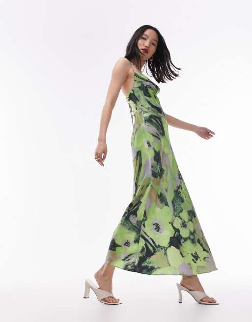 Topshop – Zielona sukienka midi na ramiączkach w kwiatowy wzór