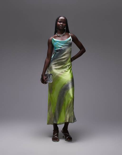 Topshop – Zielona sukienka midi na ramiączkach z drapowanym dekoltem we wzór tie dye