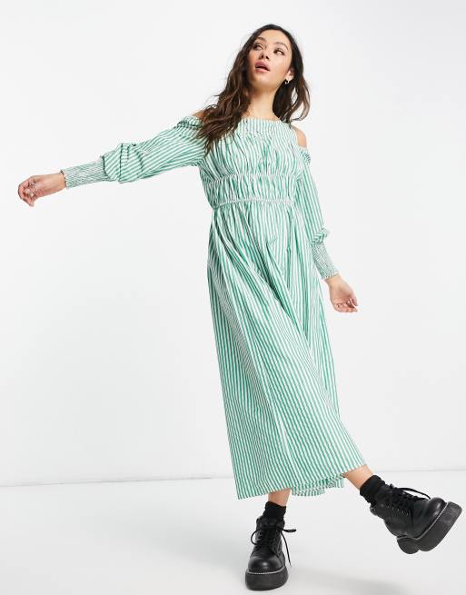 Topshop – Zielona sukienka midi z bawełnianej popeliny w paski