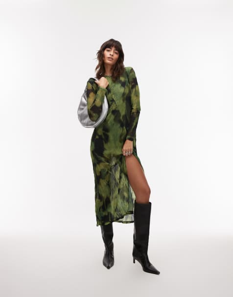 Topshop – Zielona sukienka midi z długimi rękawami w rozmyty kwiatowy wzór - view 1