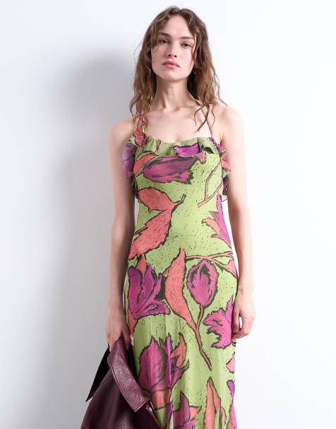 Topshop godet hem occasion midi dress in pink and green floral print