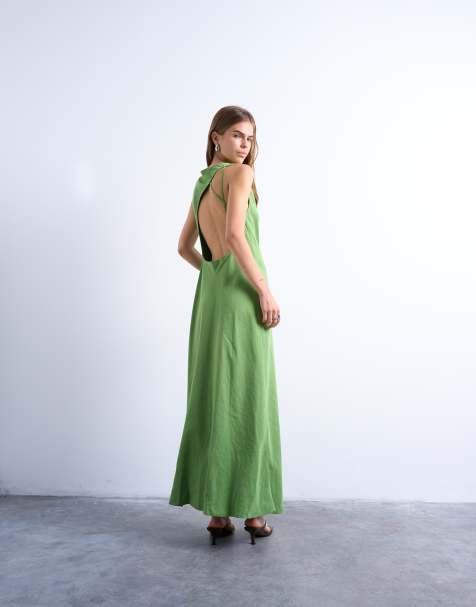 Topshop – Zielona sukienka midi z odkrytymi plecami i drapowanym dekoltem - view 1