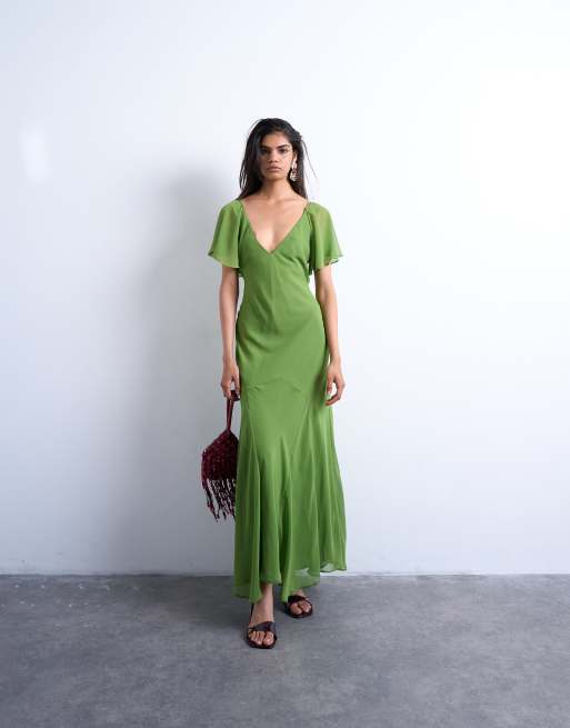 Topshop – Zielona sukienka midi z rozkloszowanymi rękawami i godetami