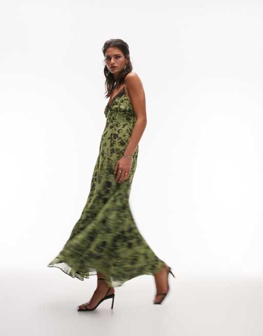 Topshop – Zielona szyfonowa sukienka maxi na ramiączkach z nadrukiem