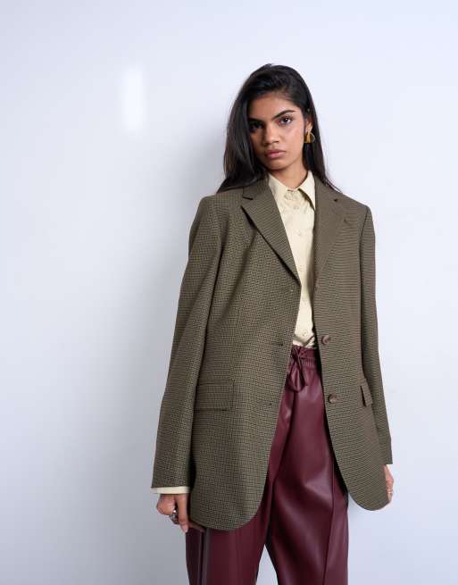 Topshop – Zielona zapinana na 3 guziki marynarka w męskim stylu we wzór w kratkę
