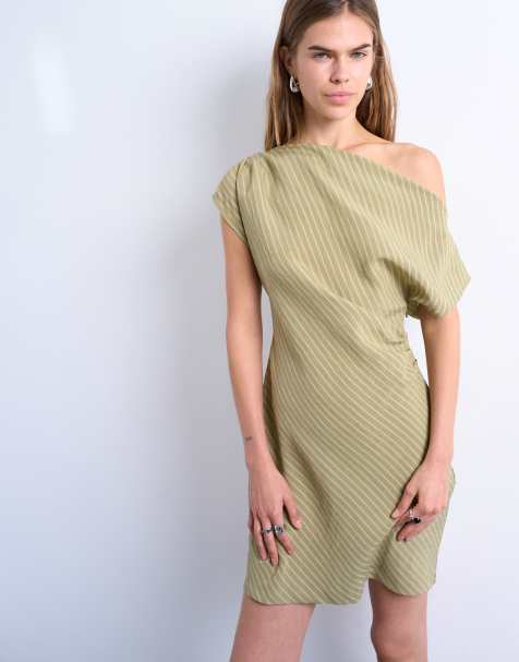 Topshop cinched waist grown on neck mini dress in green stripe