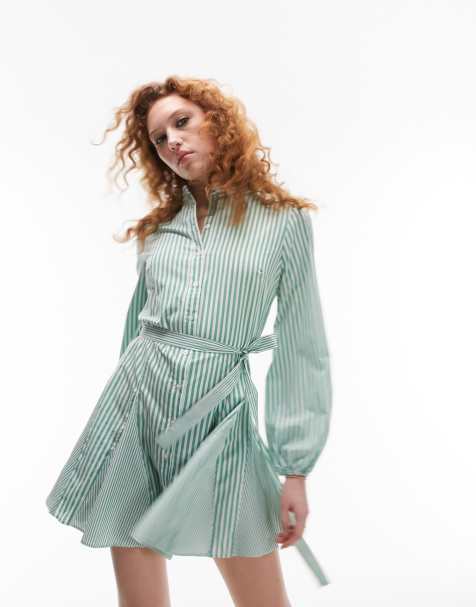 Topshop – Zielono-biała sukienka koszulowa mini w paski z ozdobnym węzłem z przodu - view 1