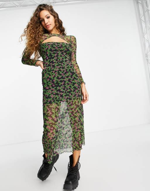 Topshop – Zielono-różowa sukienka midi z siateczki w kwiaty z wycięciem