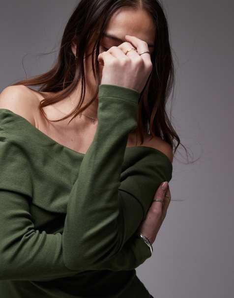 Topshop – Zielony dżersejowy top z odkrytymi ramionami - view 1