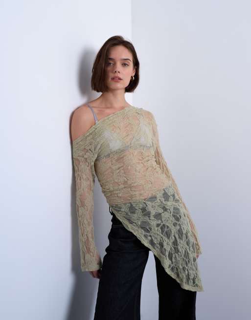 Topshop – Zielony koronkowy top-tunika z długimi rękawami i odsłoniętym ramieniem