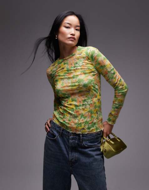 Topshop crinkle floral long sleeve top in green