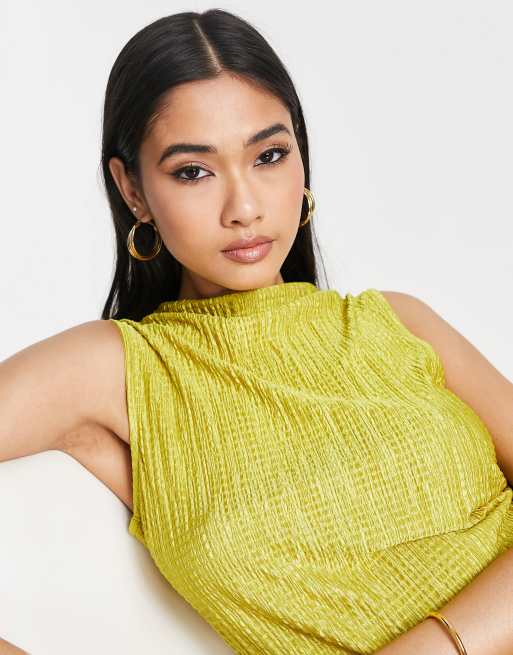 Topshop – Zielony plisowany top bez rękawów z drapowanym dekoltem