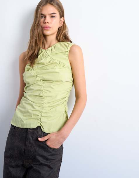 Topshop poplin ruched shell top in apple green