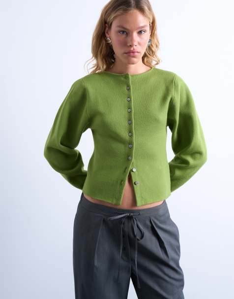 Topshop knitted compact balloon sleeve cardigan in green