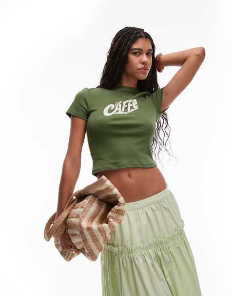 Topshop – Zielony przylegający T-shirt z grafiką z napisem „Il Caffe” - view 1