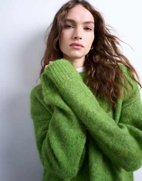 Topshop knitted boxy fluffy crew jumper in green