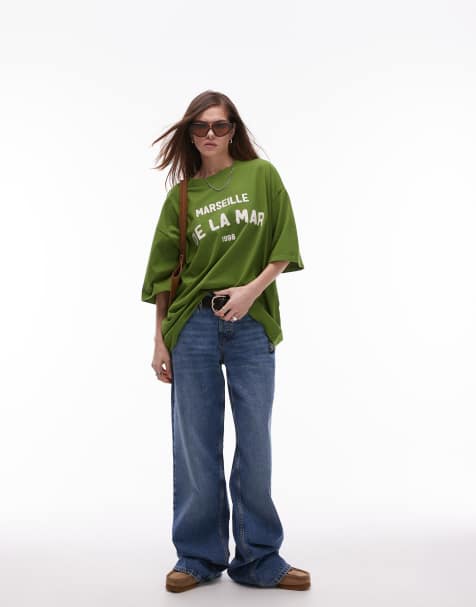 Topshop – Zielony T-shirt oversize z grafiką z napisem „De La Mar” - view 1