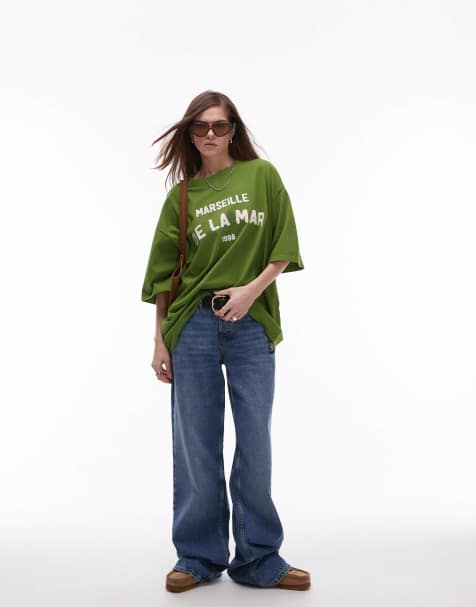 Topshop – Zielony T-shirt oversize z grafiką z napisem „De La Mar” - view 1
