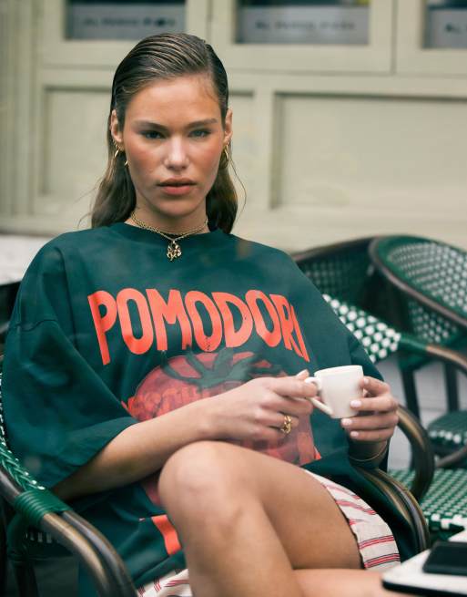 Topshop – Zielony T-shirt oversize z grafiką z napisem Pomodori