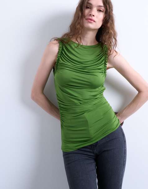 Topshop ruffle detail tank top in green