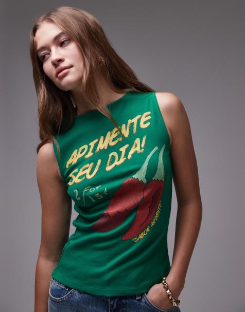 Topshop graphic chilli tank in green