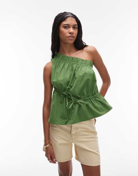 Topshop one shoulder gathered detail top in green