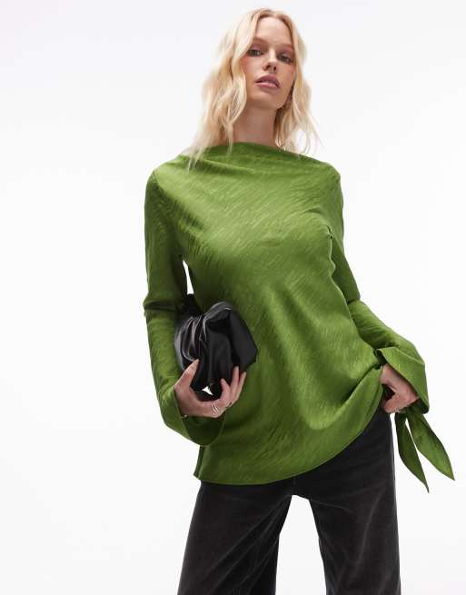 Topshop – Zielony top z długim rękawem i dekoltem w łódkę w żakardowy zwierzęcy wzór