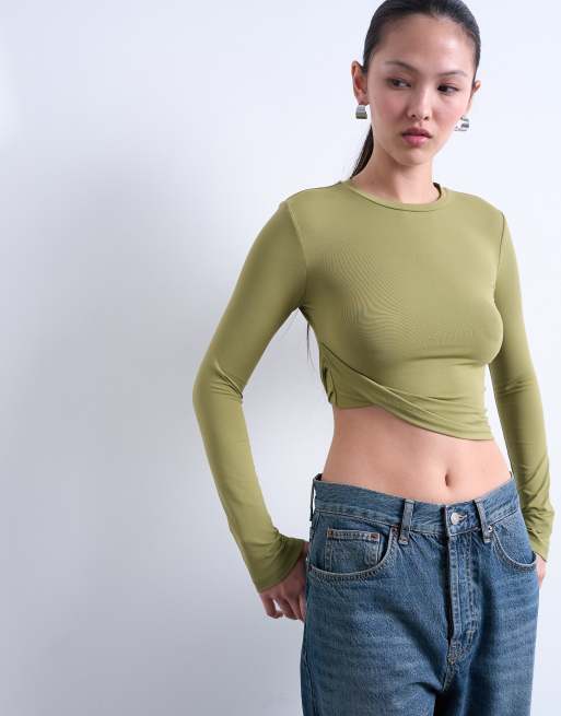 Topshop – Zielony top z długimi rękawami i skręconym detalem z boku