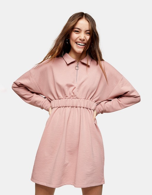 Topshop zip cllard waist mini dress in blush