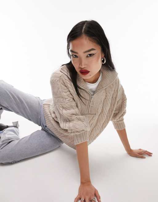 Topshop zip collar sweater in oat