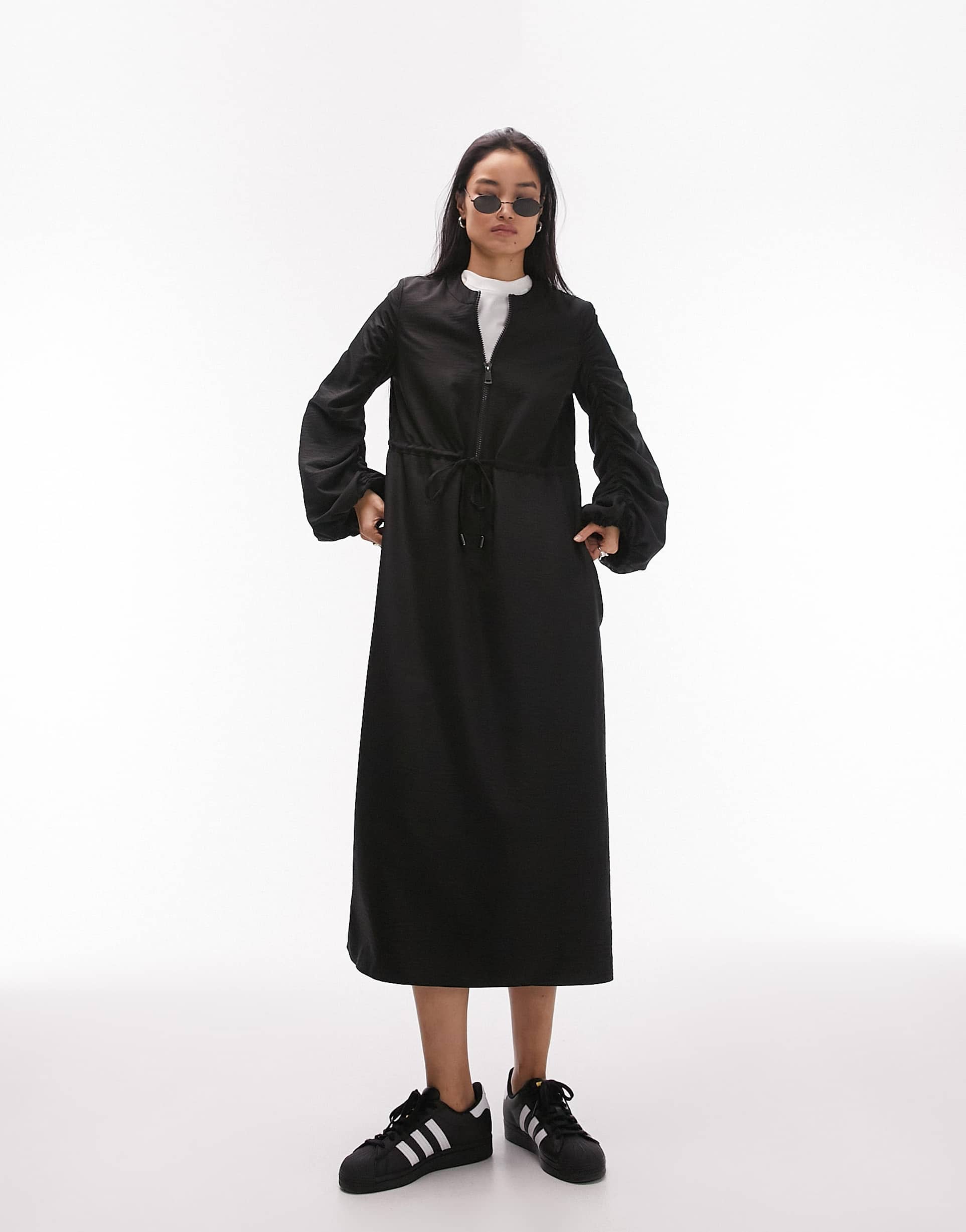 topshop zip front channel midi dress in black