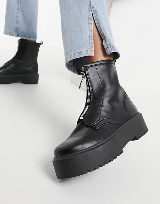 Topshop zip front chunky boots in black