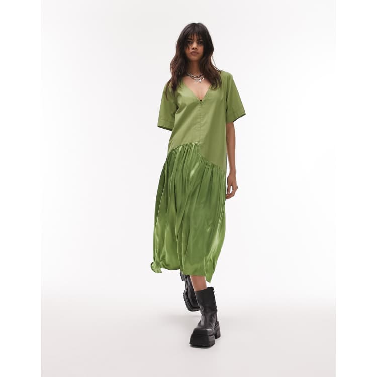 Topshop zip front poplin and satin chuck on midi dress in khaki ClassicfuncenterShops Alysi wrap style floral print dress Blu