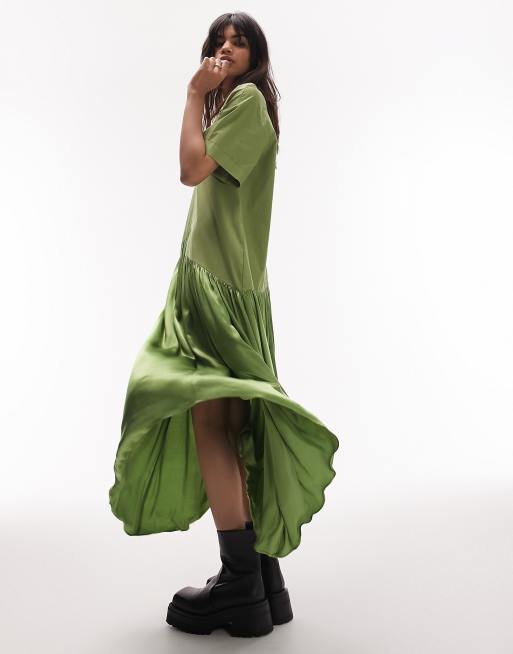 Topshop zip front poplin and satin chuck on midi dress in khaki, 2 of 4