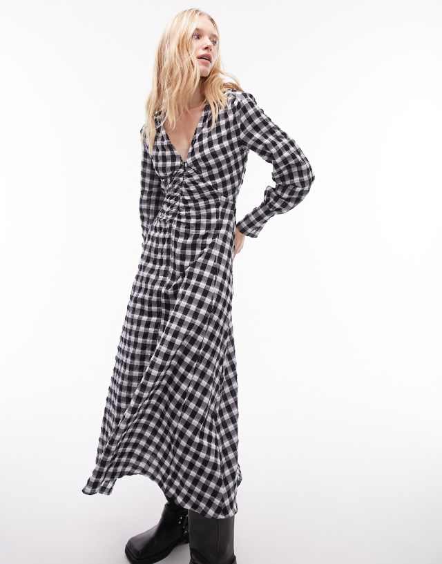 Topshop - zip front textured check midi dress in mono check