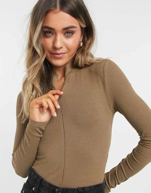 Topshop zip funnel neck bodysuit in olive | ASOS