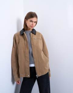 Zip through barn jacket with contrast PU collar in tan - TAN
