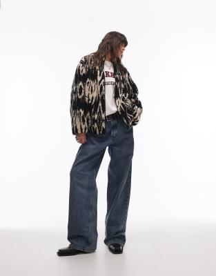 Topshop Zip Through Borg Fleece In Black And White Print-multi